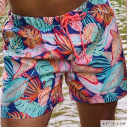 Tissu short maillot feuilles multicolores