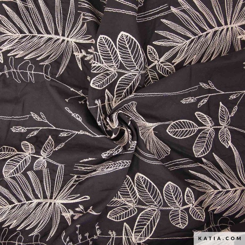 Cotton voile black with nature white embroidery